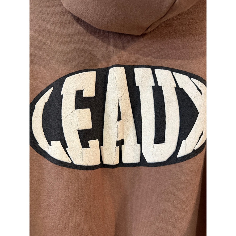 Leaux Brown Puff Print Logo Hoodie Fleece Lined Streetwear Pullover Mens Medium - Picture 5 of 6